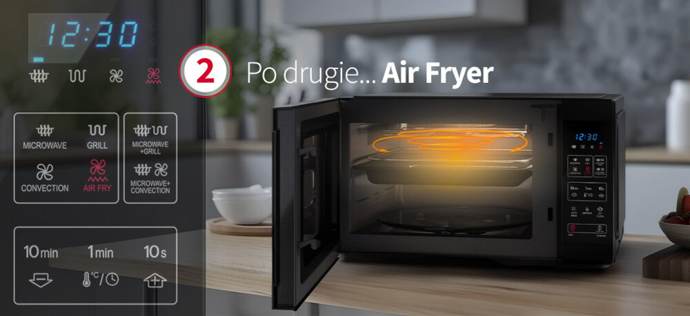 KUCHNIA MIKROFALOWA Z AIRFRY SHARP YC-MA262AE-B Zdjęcie przedstawia zbliżenie na panel sterowania kuchenki mikrofalowej z podświetlonym trybem AIR FRY oraz wyświetlaczem wskazującym godzinę 12:30. Zdjęcie przedstawia także otwartą kuchenkę mikrofalową z widoczną wewnątrz rozgrzaną spiralą powietrza oraz biały napis „Po drugie… Air Fryer” na tle kuchennego blatu Air Fry air fry true fry technology frytkownica beztłuszczowa gorące powietrze chrupiące potrawy kosz air fry zdrowsze gotowanie krótszy czas przygotowania