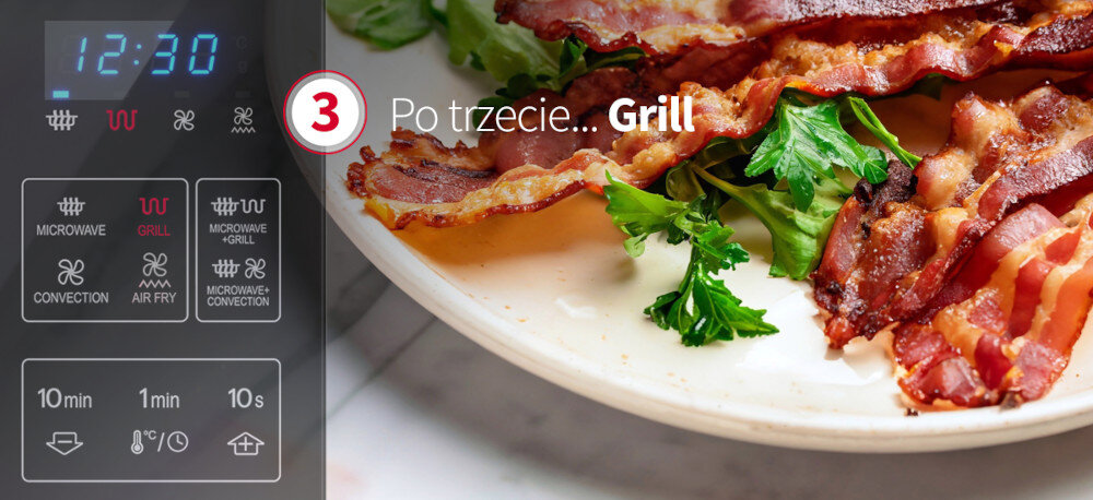 KUCHNIA MIKROFALOWA Z AIRFRY SHARP YC-MA262AE-B Zdjęcie przedstawia zbliżenie na panel sterowania kuchenki mikrofalowej z podświetlonymi ikonami, w którym wyróżniono tryb GRILL, obok wyświetlacza z godziną 12:30. Zdjęcie przedstawia także talerz z chrupiącym, zrumienionym boczkiem i listkami zieleniny po prawej stronie oraz biały napis „Po trzecie… Grill” grill 1500 w kuchenka mikrofalowa sharp chrupiąca skórka zapiekanie grillowanie mięso warzywa tosty szybkie dopiekanie