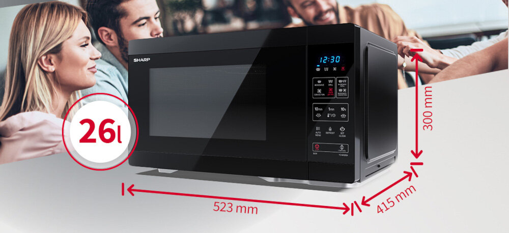 KUCHNIA MIKROFALOWA Z AIRFRY SHARP YC-MA262AE-B Zdjęcie przedstawia czarną kuchenkę mikrofalową ustawioną na jasnym tle, z wyświetlaczem 12:30 i panelem sterowania po prawej stronie. Zdjęcie przedstawia także czerwone oznaczenia wymiarów urządzenia: pojemność 26 l oraz wymiary zewnętrzne 523 mm szerokości, 300 mm wysokości i 415 mm głębokości pojemność 26 l duża kuchenka mikrofalowa wymiary 523x415x300 mm rodzinne gotowanie duża komora forma do pieczenia frytki air fry elastyczność gotowania