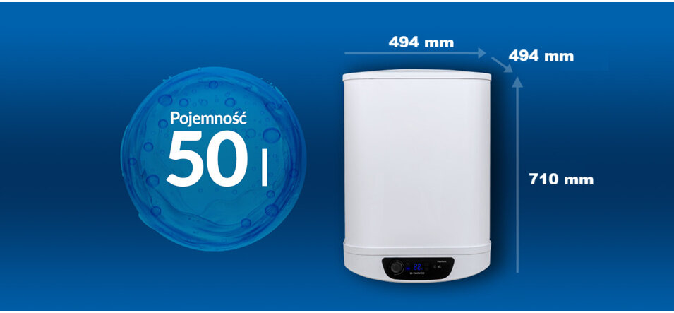 BOJLER ELEKTRYCZNY DAEWOO WHDSW501-PL Zdjęcie przedstawia podgrzewacz wody o pojemności 65 litrów marki Daewoo na niebieskim tle, wraz z podanymi wymiarami urządzenia model 50l kompaktowy podgrzewacz wody małe mieszkania kawalerki oszczędność energii szybkie nagrzewanie bojler 65 litrów wymiary montaż w szafce niewielka łazienka