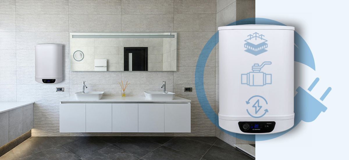 BOJLER ELEKTRYCZNY DAEWOO WHDSW501-PL Zdjęcie 3.jpg przedstawia łazienkę z podgrzewaczem wody Daewoo zamontowanym na ścianie oraz zbliżenie samego urządzenia podkreślone ikonami symbolizującymi jego zaawansowane funkcje technologiczne podgrzewacz wody daewoo wh-dss501-pl izolacja 50 mm oszczędność energii mostki termiczne dynamic eco efektywne ogrzewanie niższe rachunki