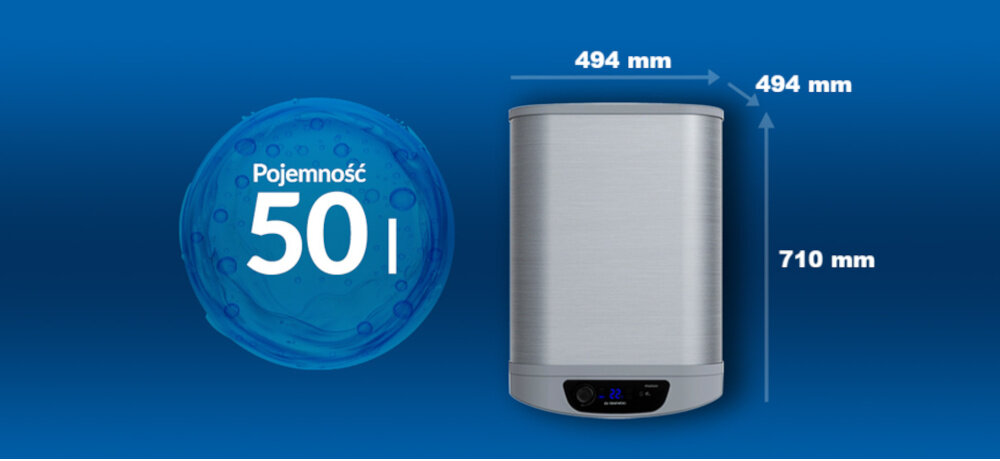 BOJLER ELEKTRYCZNY DAEWOO WHDSS501-PL Zdjęcie przedstawia podgrzewacz wody o pojemności 50 litrów marki Daewoo na niebieskim tle, wraz z podanymi wymiarami urządzenia: 456 mm szerokości, 430 mm głębokości i 631 mm wysokości model 50l kompaktowy podgrzewacz wody małe mieszkania kawalerki oszczędność energii szybkie nagrzewanie bojler 50 litrów wymiary 430×456×631 mm montaż w szafce niewielka łazienka