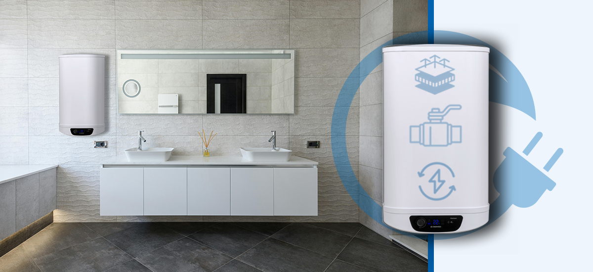 BOJLER ELEKTRYCZNY DAEWOO WHDSW651-PL Zdjęcie 3.jpg przedstawia łazienkę z podgrzewaczem wody Daewoo zamontowanym na ścianie oraz zbliżenie samego urządzenia podkreślone ikonami symbolizującymi jego zaawansowane funkcje technologiczne podgrzewacz wody daewoo wh-dss501-pl izolacja 50 mm oszczędność energii mostki termiczne dynamic eco efektywne ogrzewanie niższe rachunki