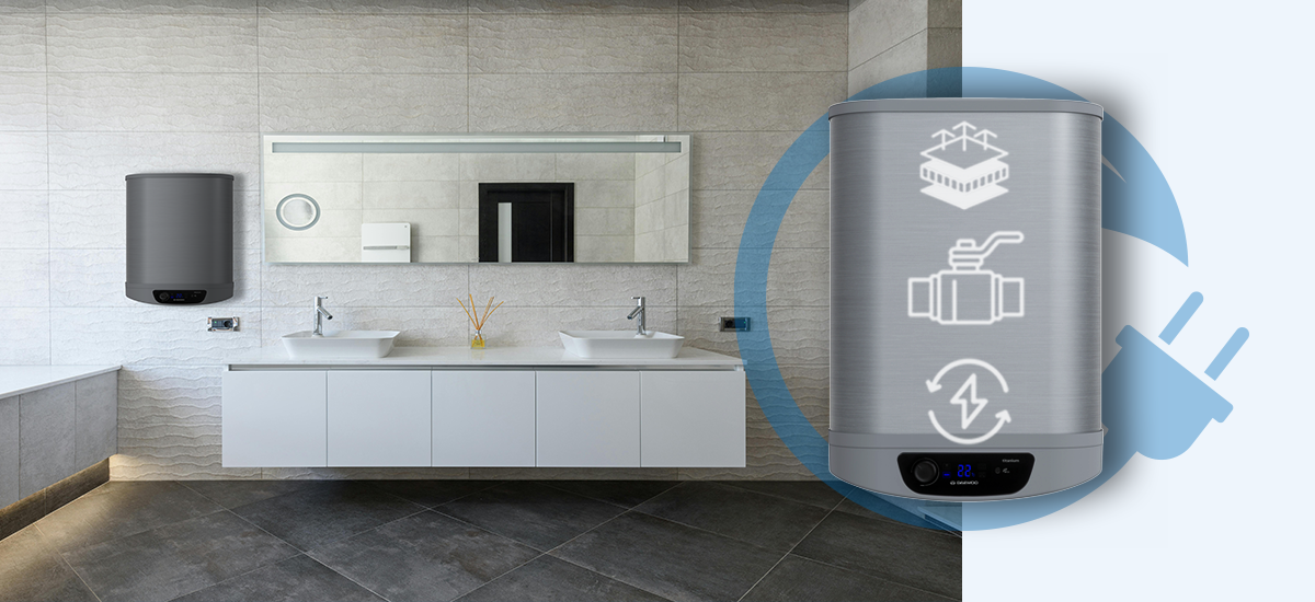 BOJLER ELEKTRYCZNY DAEWOO WHDSS651-PL Zdjęcie 3.jpg przedstawia łazienkę z podgrzewaczem wody Daewoo zamontowanym na ścianie oraz zbliżenie samego urządzenia podkreślone ikonami symbolizującymi jego zaawansowane funkcje technologiczne podgrzewacz wody daewoo wh-dss501-pl izolacja 50 mm oszczędność energii mostki termiczne dynamic eco efektywne ogrzewanie niższe rachunki
