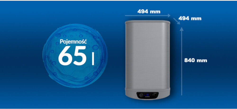 BOJLER ELEKTRYCZNY DAEWOO WHDSS651-PL Zdjęcie przedstawia podgrzewacz wody o pojemności 65 litrów marki Daewoo na niebieskim tle, wraz z podanymi wymiarami urządzenia: 456 mm szerokości, 430 mm głębokości i 631 mm wysokości model 50l kompaktowy podgrzewacz wody małe mieszkania kawalerki oszczędność energii szybkie nagrzewanie bojler 65 litrów wymiary 430×456×631 mm montaż w szafce niewielka łazienka