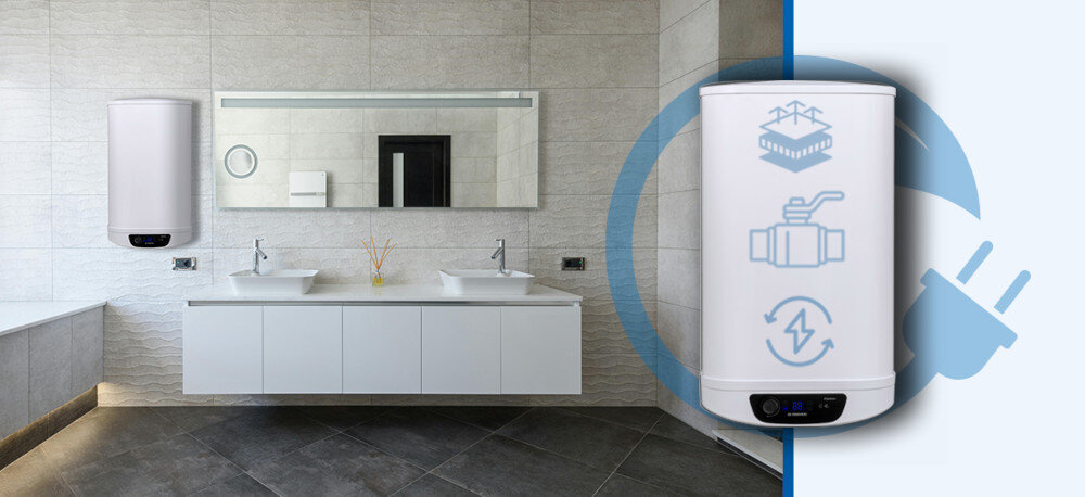 BOJLER ELEKTRYCZNY DAEWOO WHDSW801-PL Zdjęcie 3.jpg przedstawia łazienkę z podgrzewaczem wody Daewoo zamontowanym na ścianie oraz zbliżenie samego urządzenia podkreślone ikonami symbolizującymi jego zaawansowane funkcje technologiczne podgrzewacz wody daewoo wh-dss501-pl izolacja 50 mm oszczędność energii mostki termiczne dynamic eco efektywne ogrzewanie niższe rachunki