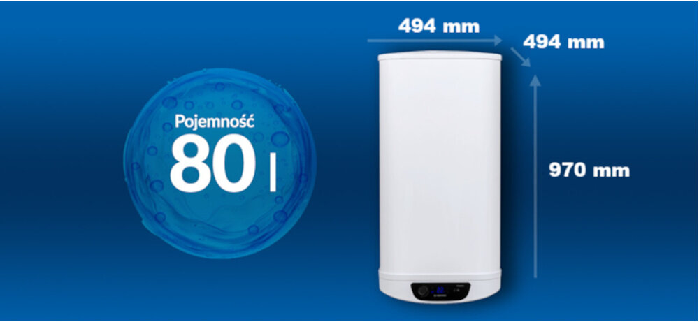 BOJLER ELEKTRYCZNY DAEWOO WHDSW801-PL Zdjęcie przedstawia podgrzewacz wody o pojemności 65 litrów marki Daewoo na niebieskim tle, wraz z podanymi wymiarami urządzenia: 456 mm szerokości, 430 mm głębokości i 761 mm wysokości model 50l kompaktowy podgrzewacz wody małe mieszkania kawalerki oszczędność energii szybkie nagrzewanie bojler 80 litrów wymiary 430×456×631 mm montaż w szafce niewielka łazienka