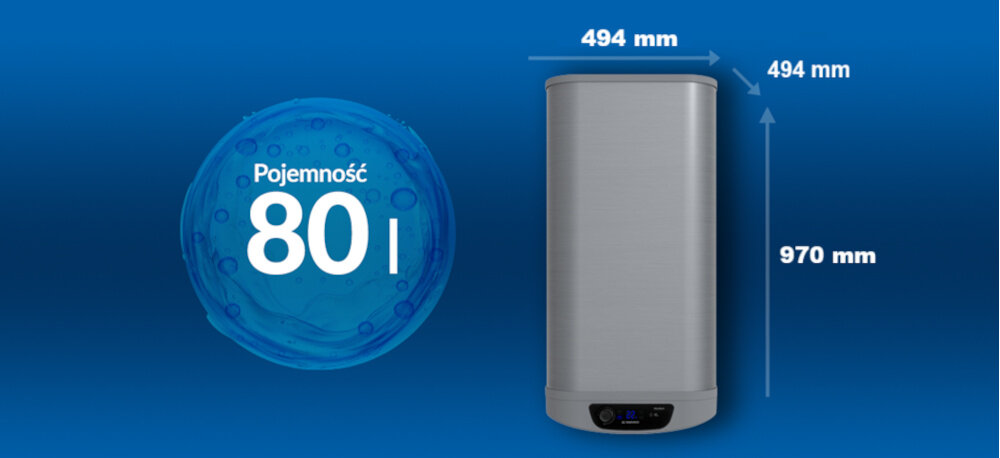 BOJLER ELEKTRYCZNY DAEWOO WHDSS801-PL Zdjęcie przedstawia podgrzewacz wody o pojemności 65 litrów marki Daewoo na niebieskim tle, wraz z podanymi wymiarami urządzenia model 80l kompaktowy podgrzewacz wody małe mieszkania kawalerki oszczędność energii szybkie nagrzewanie bojler wymiary montaż w szafce niewielka łazienka