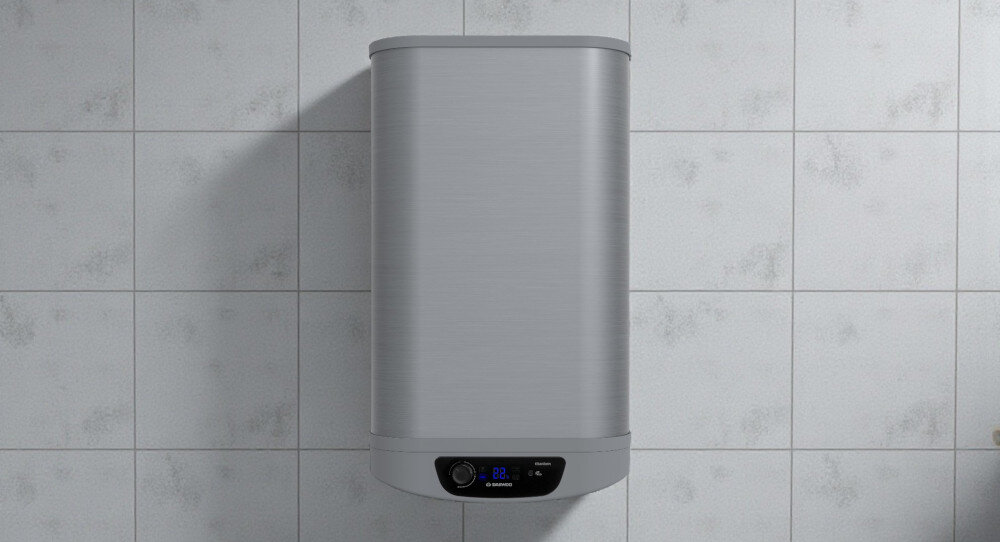 BOJLER ELEKTRYCZNY DAEWOO WHDSS801-PL Zdjęcie przedstawia podgrzewacz wody marki Daewoo w kolorze stalowym, zamontowany na jasnej ścianie, bez widocznych elementów wyposażenia łazienki bojler 80 litrów srebrny silver ogrzewacz wody design szybkie nagrzewanie energooszczędny