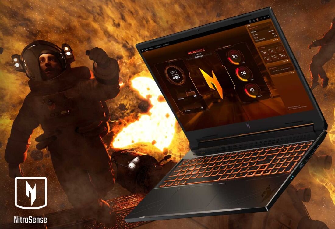 Laptop ACER Nitro V 16 - Laptop z interfejsem NitroSense, a w tle widoczny jest wybuch. NitroSense