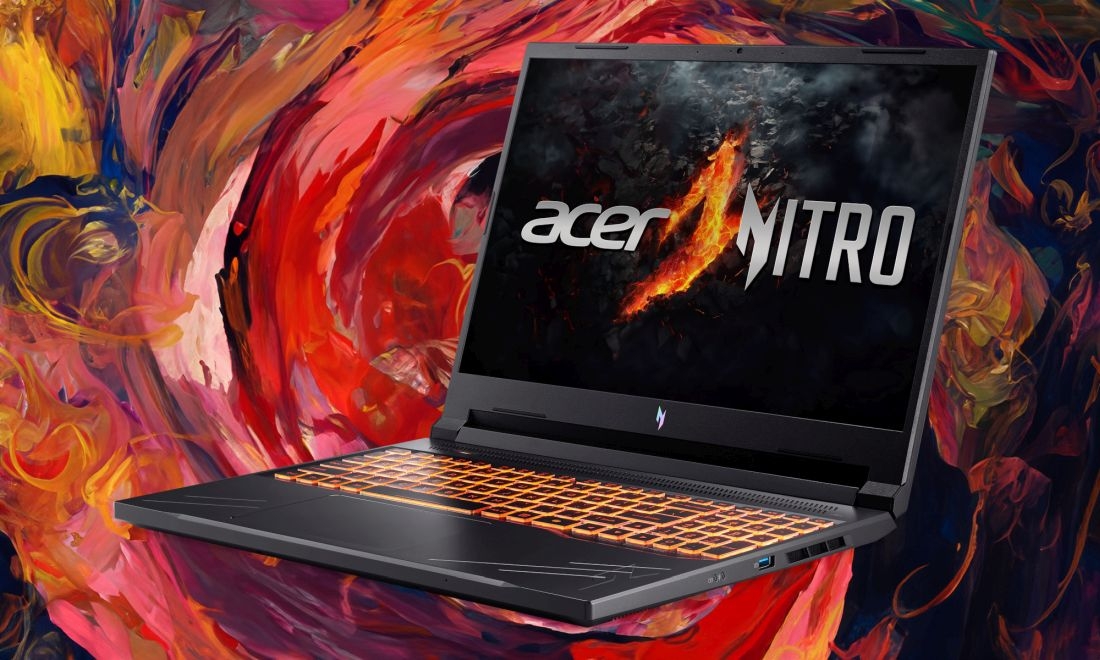 Laptop ACER Nitro V 16 - Laptop ACER Nitro V 16 na kolorowym tle, prezentujący gamingowy design i wydajność. Wi-Fi 6E, LAN 1 Gb/s, Bluetooth 5.0