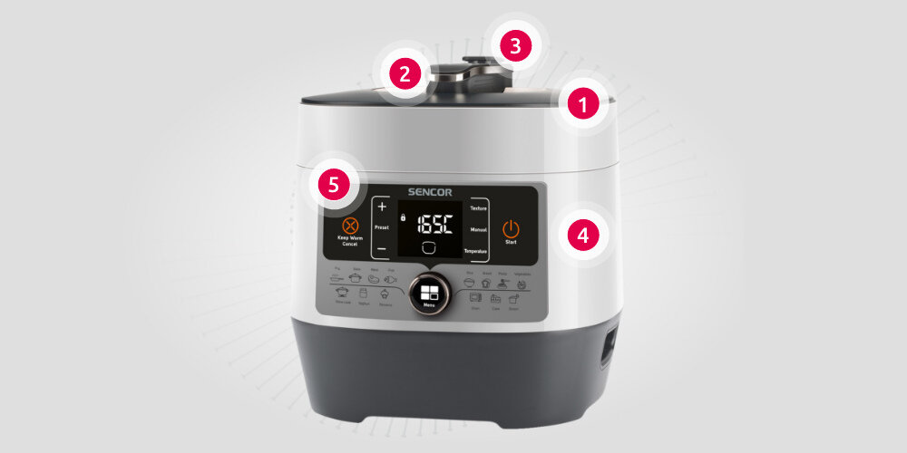 Szybkowar SENCOR SPR 3600WH pokrywa uchwyt zawor regulacja cisnienie naczynie panel sterowanie wyświetlacz