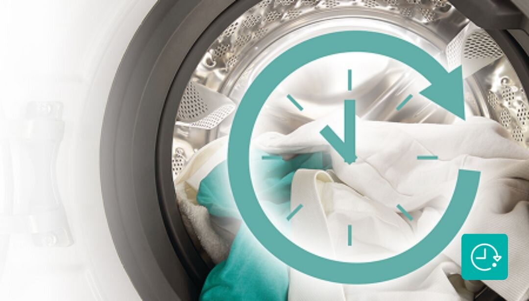 PRALKA GORENJE WNHAI84APS Ubrania w bębnie pralki z dużą ikoną zegara. Grafika prezentuje funkcję skracania czasu prania opóźnienie startu planowanie prania harmonogram pracy oszczędność czasu