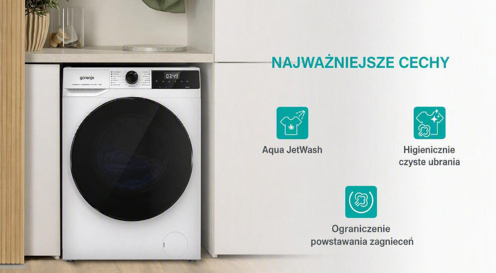 PRALKA GORENJE WNHAI84APS Grafika przedstawia najważniejsze funkcje pralki, m.in. Aqua JetWash, higieniczne pranie i ograniczanie zagnieceń. Przegląd kluczowych cech urządzenia