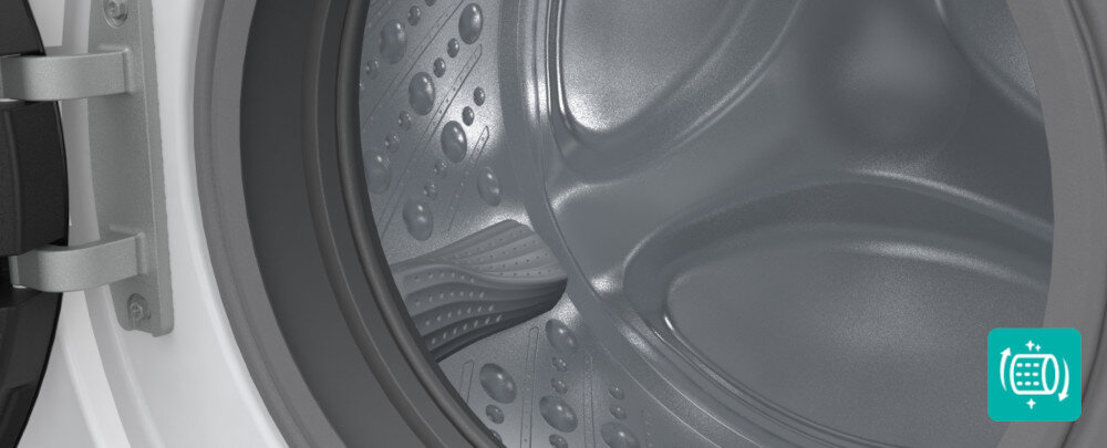 PRALKA GORENJE W3NGPI61SAS Zdjęcie przedstawia wnętrze pustego bębna pralki z widoczną strukturą Raindrop zaprojektowaną dla delikatnego traktowania tkanin. W prawym dolnym rogu znajduje się ikonka odnosząca się do funkcji czyszczenia bębna czyszczenie bębna usuwanie bakterii higiena pralki świeżość wnętrza