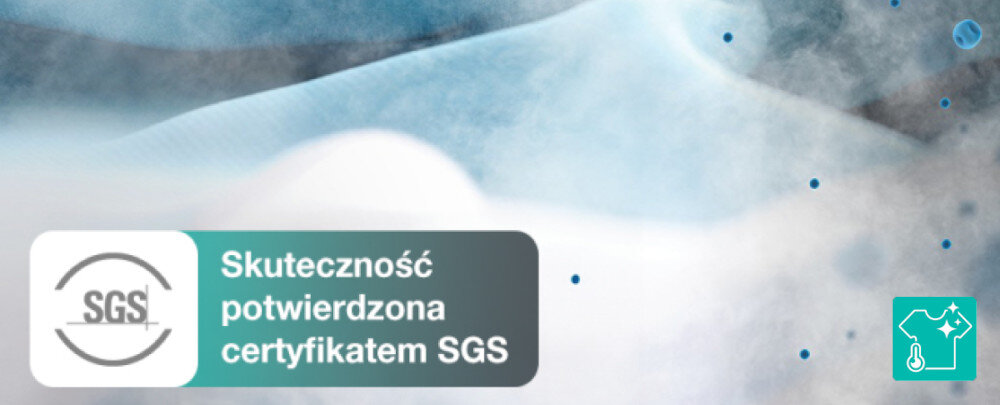 PRALKA GORENJE W3NGPI61SAS Grafika przedstawia komunikat o skuteczności potwierdzonej certyfikatem SGS na tle delikatnej, abstrakcyjnej tekstury. W prawym dolnym rogu widoczna jest ikonka symbolizująca higieniczne pranie ExtraHygiene 99,9% bakterii certyfikat SGS dezynfekcja pralki para wysoka temperatura