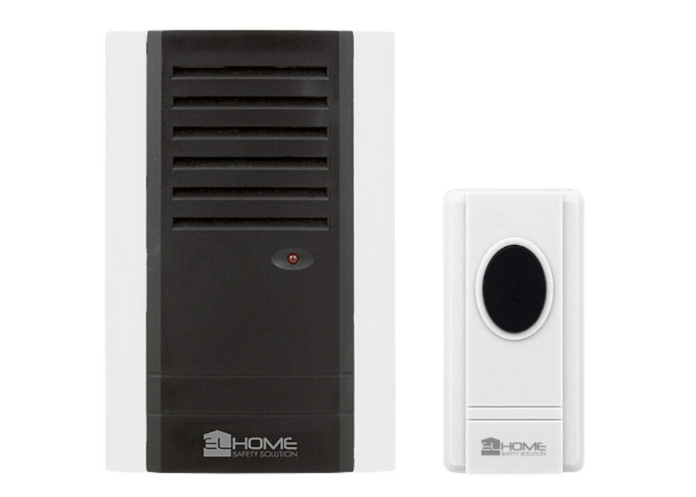Dzwonek EL HOME WDP-03C8 grafitowo-biały kolor częstotliwość 433,99 MHz 32 dźwięki zasięg do 80 metrów mikroprzełącznik bezprzewodowy zasilane na baterie nadajnik odbiornik niski pobór energii możliwość kodowania możliwość rozbudowy