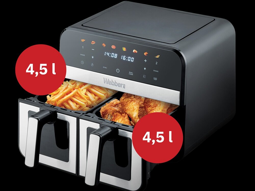Air Fryer Frytkownica beztłuszczowa WEBBER AF900 posiłki dla kilku osób, nie trzeba dzielić porcji, wygodne rozwiązania