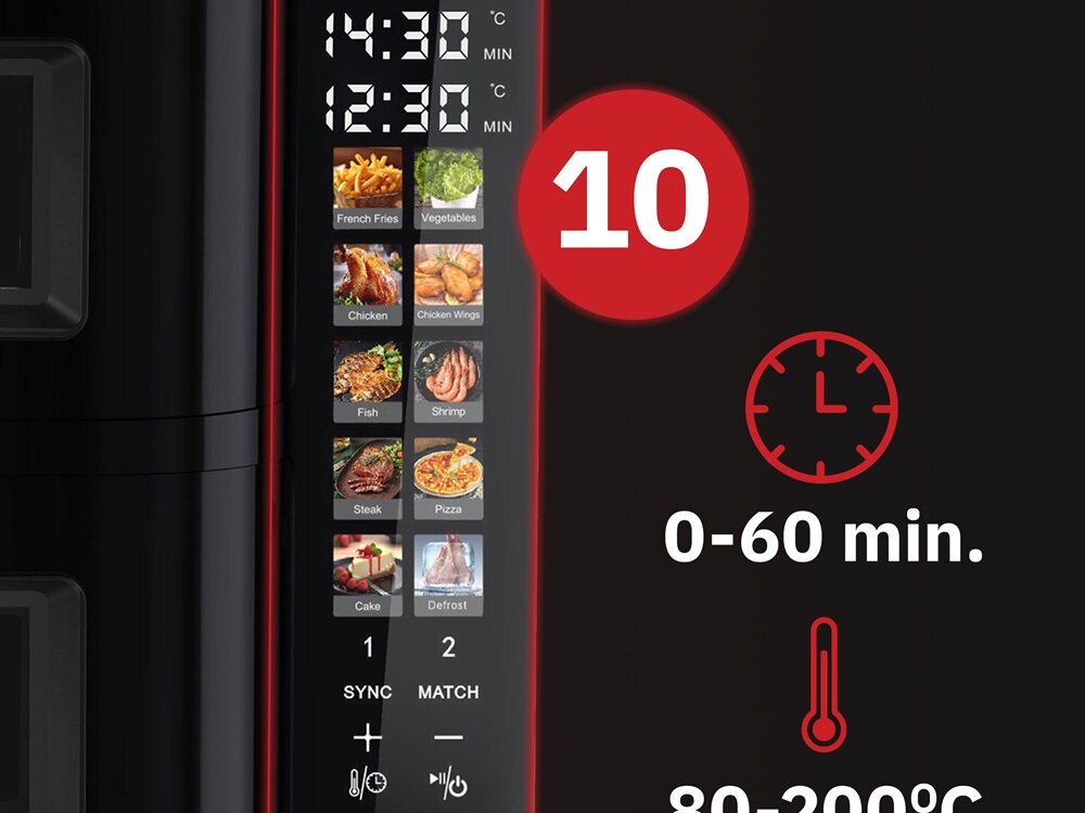 Air Fryer Frytkownica beztłuszczowa WEBBER AF901 11l z podwójnym koszem i 10 automatycznymi programami 10 gotowych programów, odpowiedni czas i temperatura, łatwiejsze gotowanie