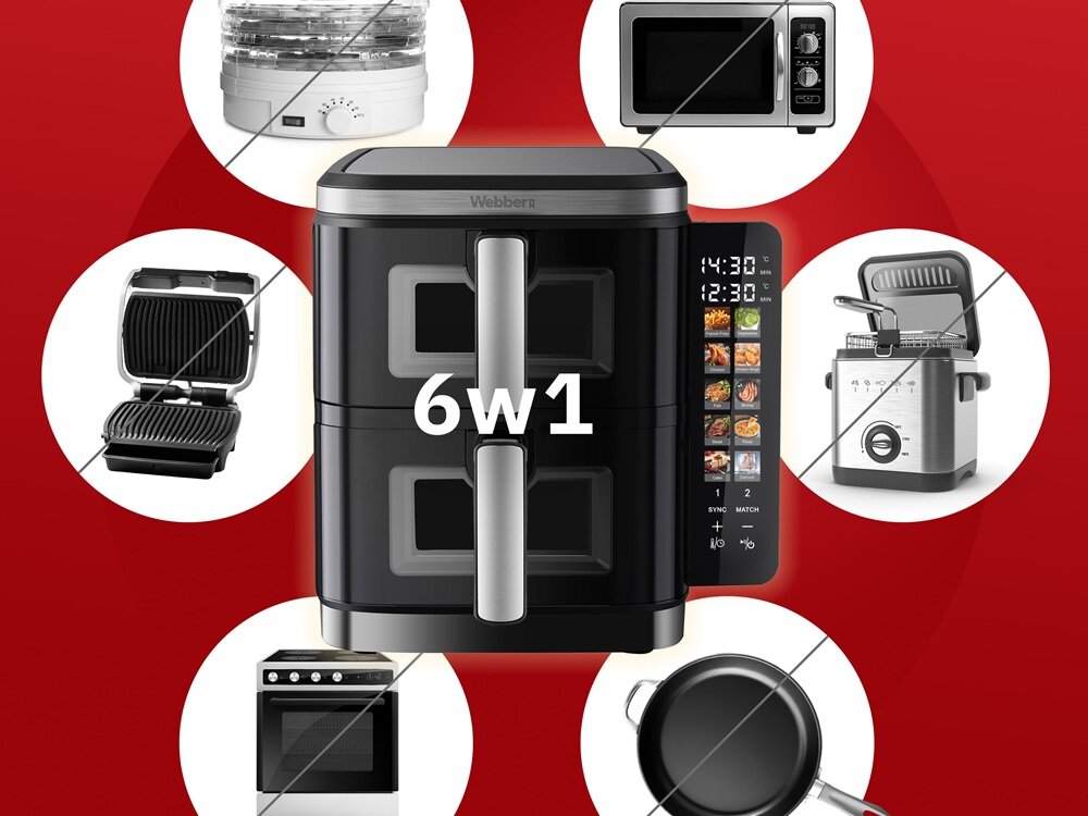 Air Fryer Frytkownica beztłuszczowa WEBBER AF901 11l z podwójnym koszem i 10 automatycznymi programami beztłuszczowe smażenie, pieczenie, grillowanie, suszenie, podgrzwanie, odmrażanie, zastepuje kilka urządzeń