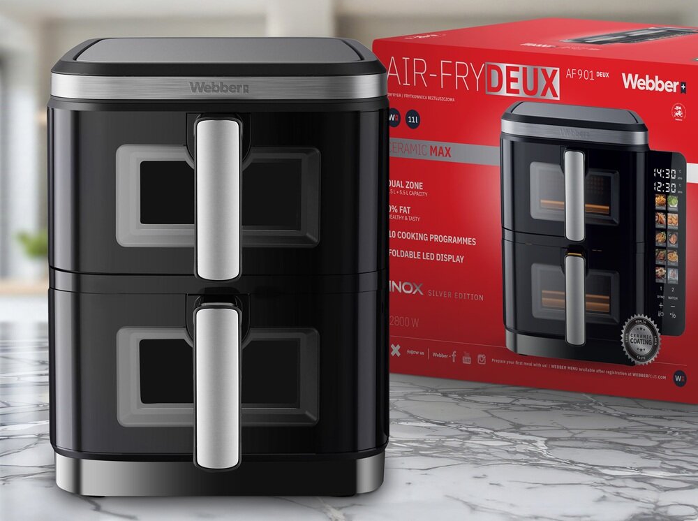 Air Fryer Frytkownica beztłuszczowa WEBBER AF901 11l z podwójnym koszem i 10 automatycznymi programami regulacja temperatury, do suszenia owoców, delikatne podgrzewanie, grillowanie, pieczenie