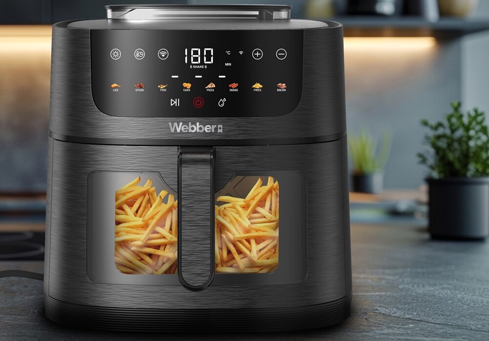 Air Fryer Frytkownica beztłuszczowa WEBBER AF800 8l Wi-Fi z funkcją pary i 8 automatycznymi programami funkcja pary, mniejsza ilość tłuszczu, smak, soczyste potrawy