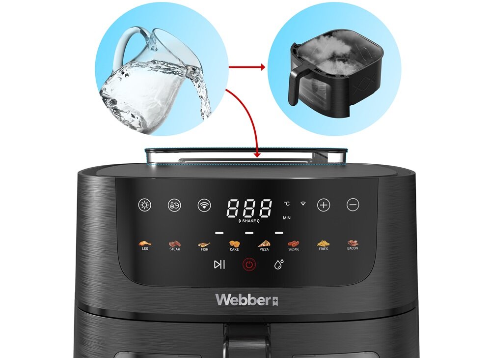 Air Fryer Frytkownica beztłuszczowa WEBBER AF800 8l Wi-Fi z funkcją pary i 8 automatycznymi programami delikatna para, zachowanie wilgotoności, równomierne przypiekanie
