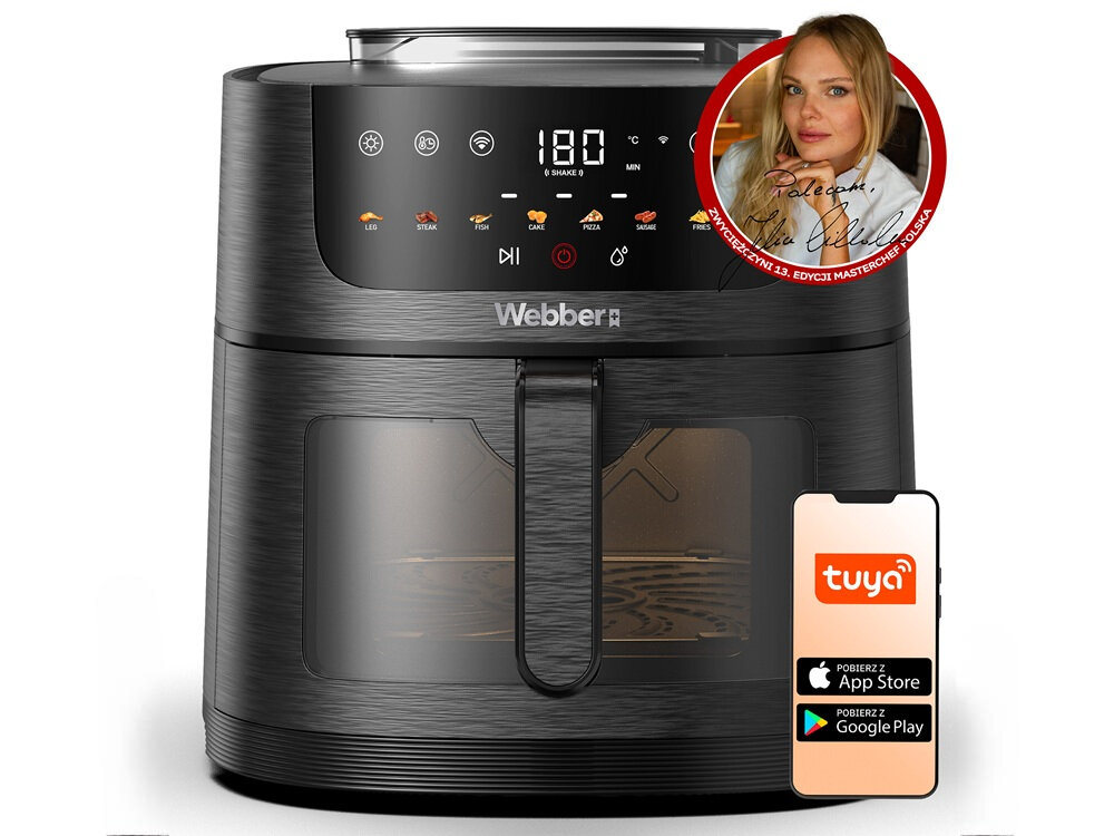 Air Fryer Frytkownica beztłuszczowa WEBBER AF800 8l Wi-Fi z funkcją pary i 8 automatycznymi programami aplikacja mobilna, uruchamianie programów, regulacja temperatury oraz czasu