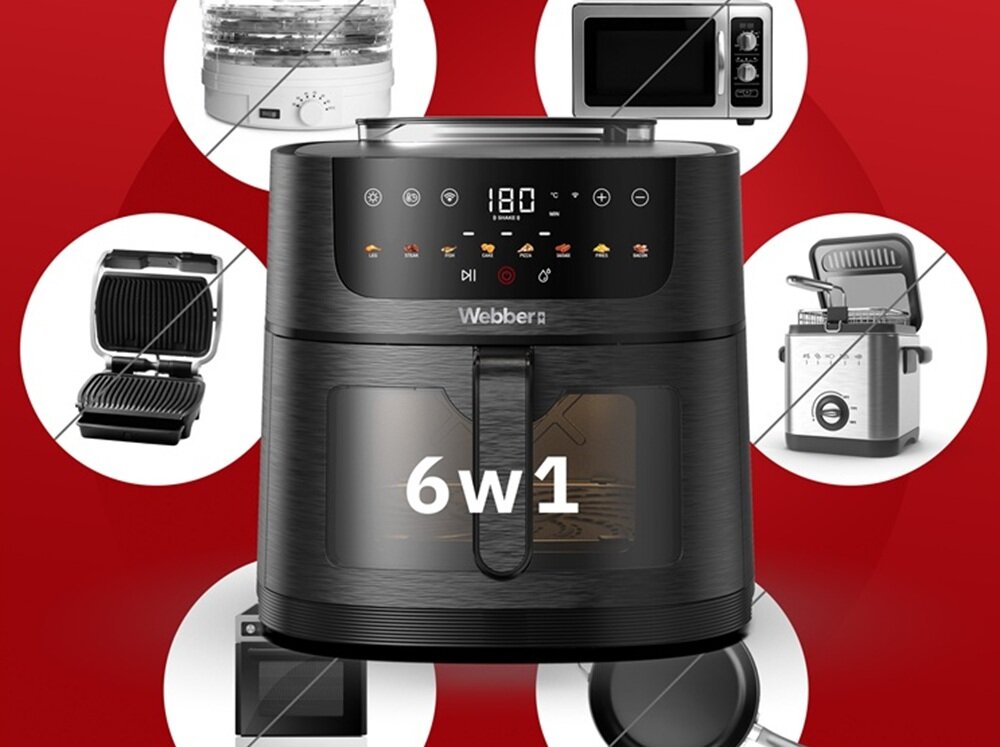 Air Fryer Frytkownica beztłuszczowa WEBBER AF800 8l Wi-Fi z funkcją pary i 8 automatycznymi programami automatyczne włączanie, zabezpieczenie przed przegrzaniem, bezpieczne użytkowanie