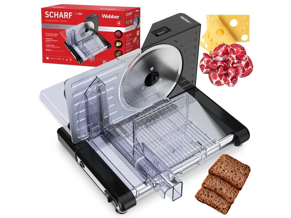 Krajalnica WEBBER Scharf JZE002 łatwe przygotowanie posiłków, płynna regulacja, ostre ostrza, mocna konstrukcja, oszczędność czasu