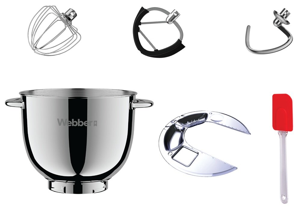 Robot kuchenny planetarny WEBBER Aura SM15 2000 W misa, trzy końcówki, osłona, silikonowa szpatułka, oszczędność budżetu i czasu