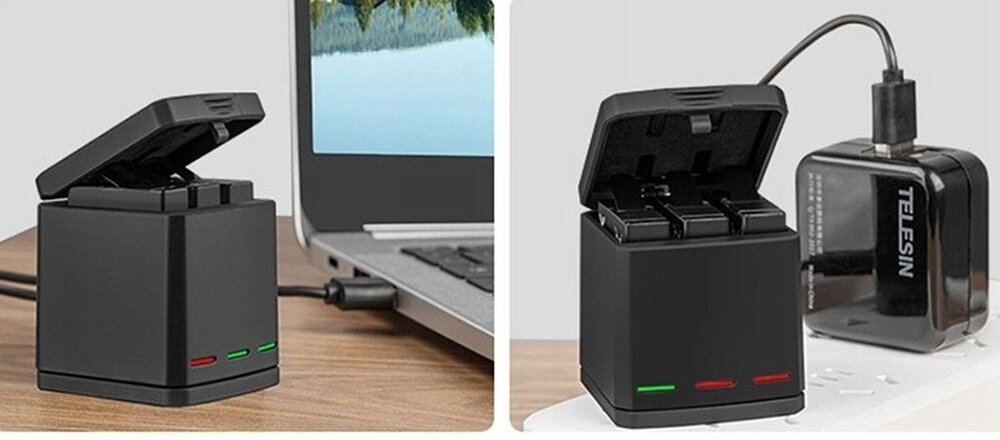 Zestaw do GoPro 5-6-7-8 TELESIN GP-BNC-801  wskaźniki LED ładowanie baterii 