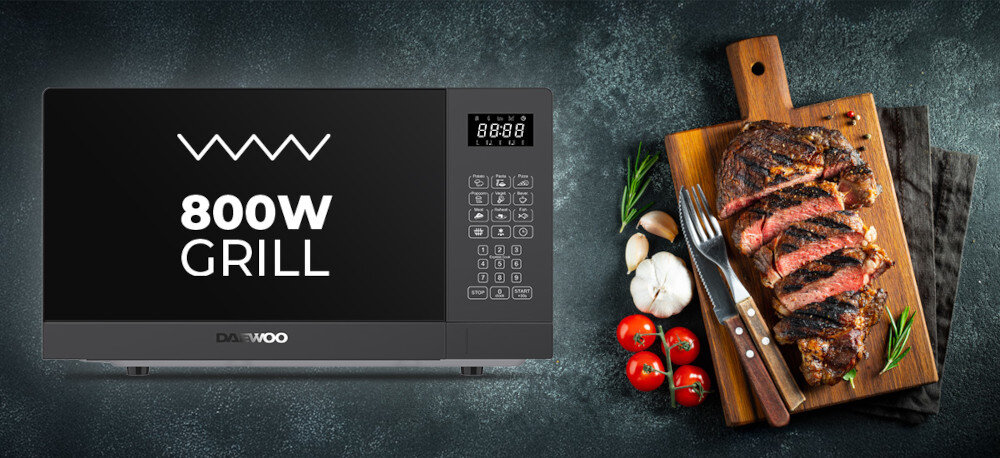 KUCHNIA MIKROFALOWA DAEWOO MD-FA202GB-EU zdjęcie wizualizacyjne mięso grillowane deska pomidory warzywa sztućce zioła funkcja grillowania grill moc 800 W 3 tryby