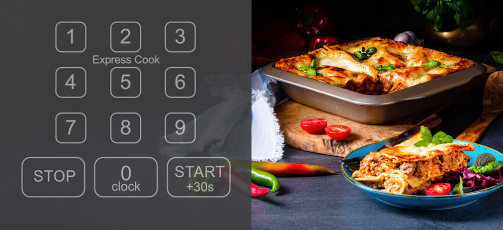 KUCHNIA MIKROFALOWA DAEWOO MD-FA202GB-EU zdjęcie wizualizacyjne liczby cyfry moc poziomy makaron lasagne danie potrawa papryka warzywa  Błyskawicznie z Express Cook poziomy