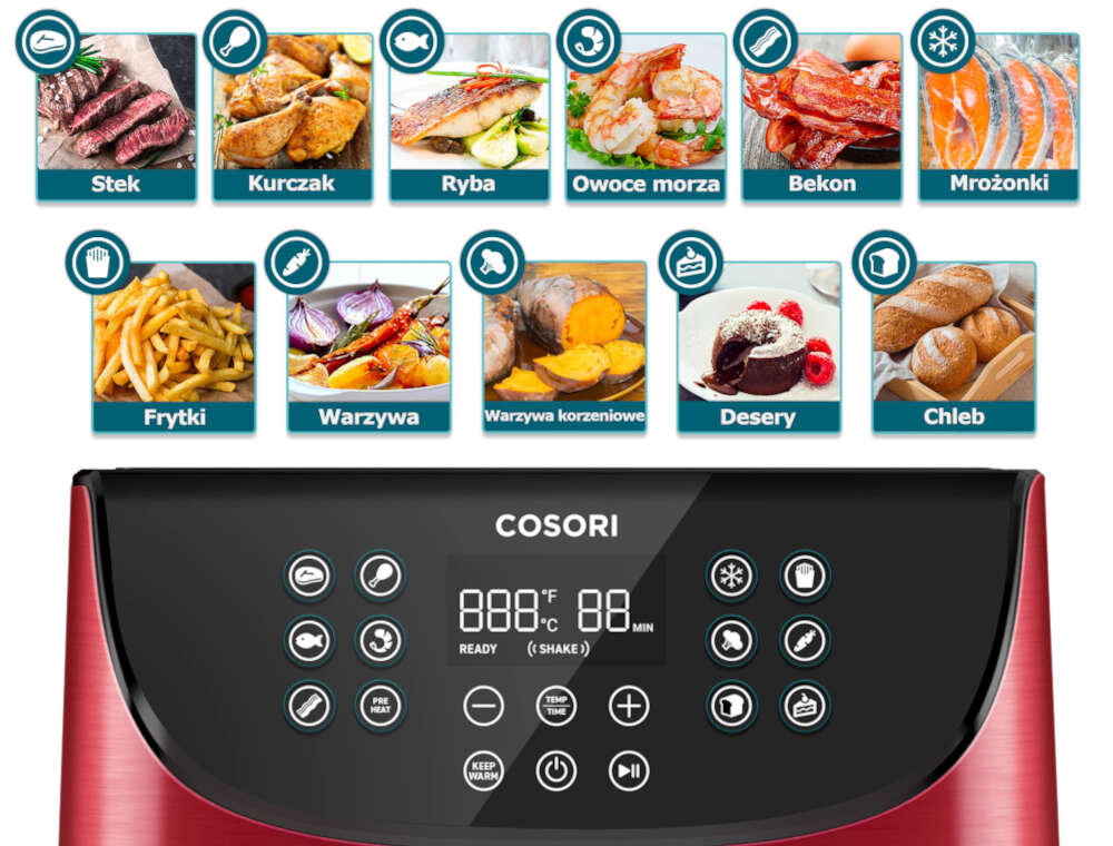 Frytkownica beztluszczowa COSORI CP158-AF-RXR Czerwony Air Fryer 11 automatycznych programow Opcja PREHEAT Funkcja KEEP WARM