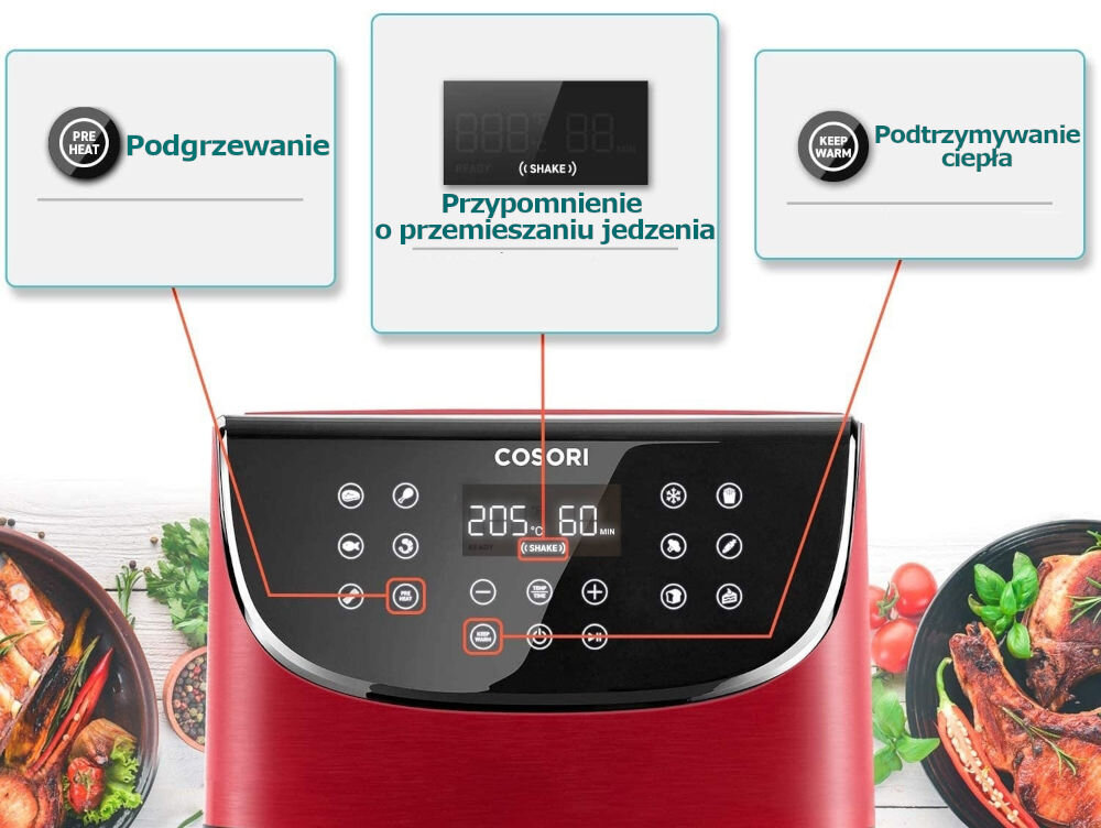 Frytkownica beztluszczowa COSORI CP158-AF-RXR Czerwony Air Fryer Dotykowy panel sterowania wyswietlacz LED