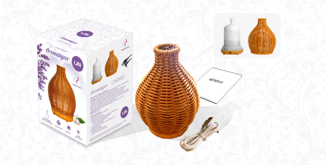 Na obrazie znajduje się aromatyzer w kształcie wazonu z wikliny w kolorze brązowym oraz jego opakowanie z napisem \'Aromatyzer LIN\'. Obok widoczny jest kabel zasilający i instrukcja obsługi.
