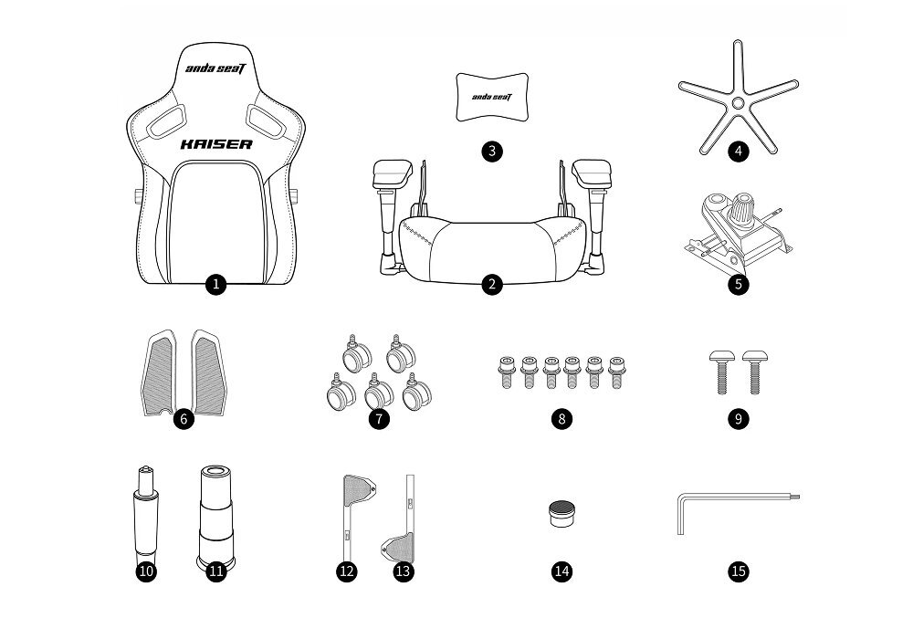 ANDA SEAT Kaiser 4 XL oparcie z systemem lędźwiowym, siedzisko z zamontowanymi podłokietnikami, poduszka na magnes, aluminiowa podstawa, pięć kółek, zestaw śrub, mechanizmy regulacyjne