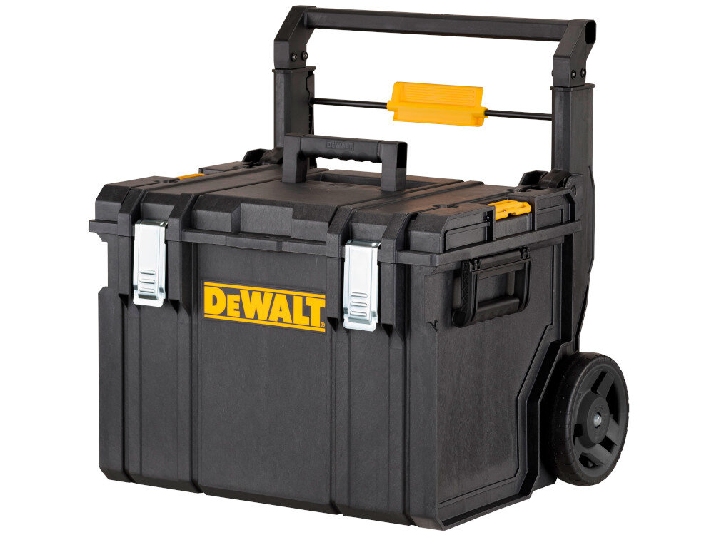 Skrzynka narzędziowa DEWALT DS450 skrzynia na białym tle widoczna od przodu pod skosem wygodne przechowywanie narzędzi i akcesoriów pojemność 60 litrów efektywność komfort