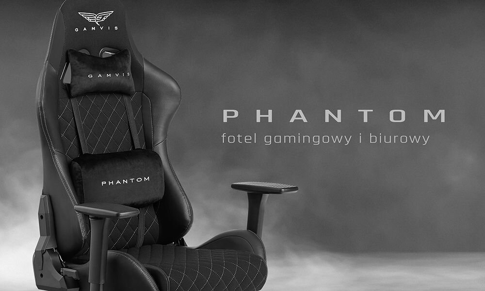 Fotel GAMVIS Phantom Large Czarny (białe elementy) prezentacja fotela na tle pokoju od przodu