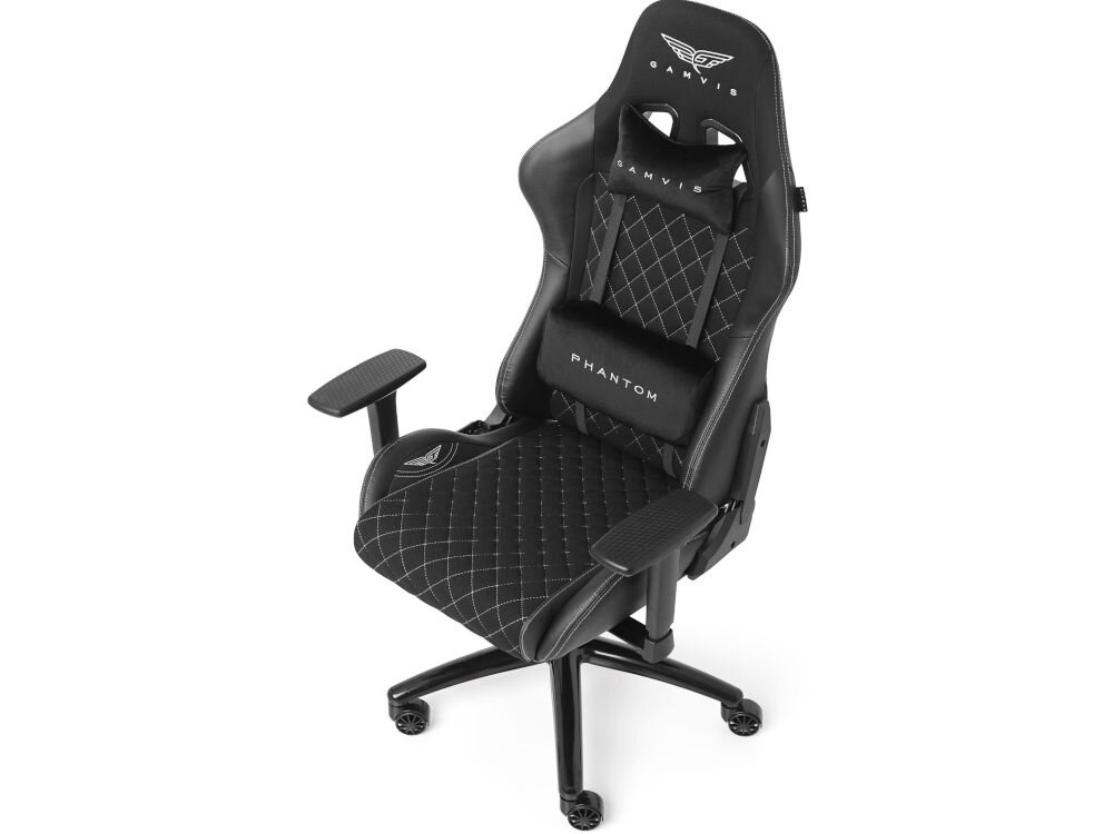 Fotel GAMVIS Phantom Large Czarny (białe elementy) prezentacja fotela od przodu pod kątem na białym tle wzmocniona stalowa rama ErgoTech+ 2 mm stabilność
