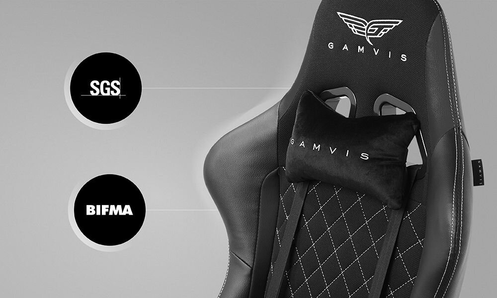 Fotel GAMVIS Phantom Large Czarny (białe elementy) prezentacja fotela na szarym tle ze zbliżeniem na oparcie napis SGS BIFMA optymalny stosunek ceny do jakości wysoka klasa komponentów standardy jakościowe SGS BIFMA trwałość bezpieczeństwo