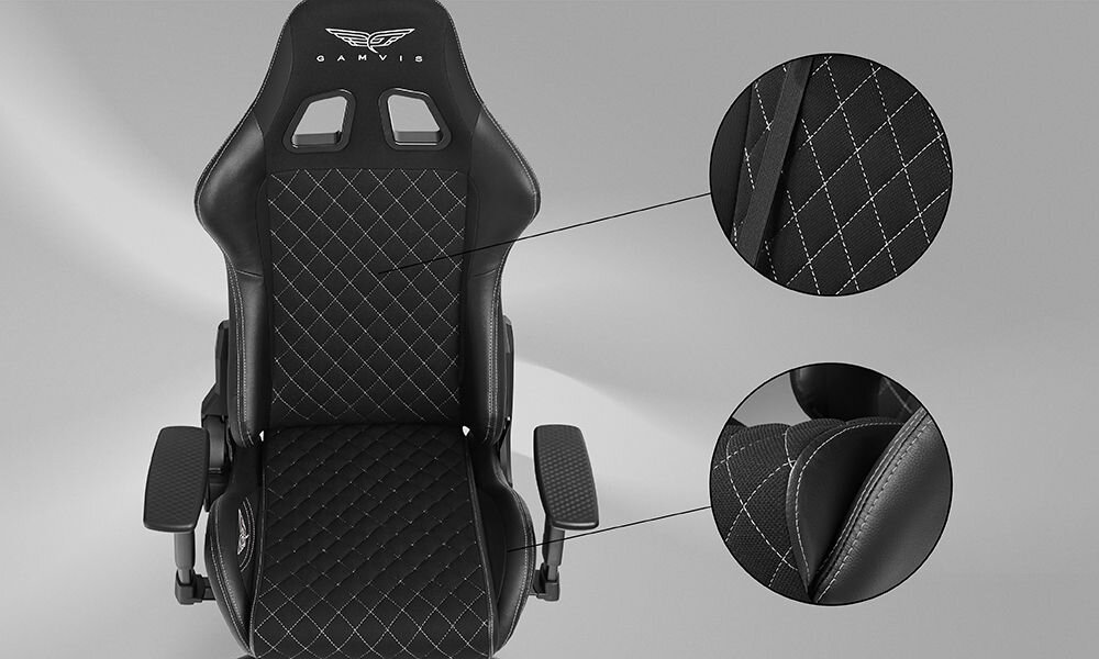 Fotel GAMVIS Phantom Large Czarny (białe elementy) prezentacja fotela i zbliżenie na przeszycia na szarym tle wnętrze luksusowego auta sportowego poczucie prestiżu wygoda komfort