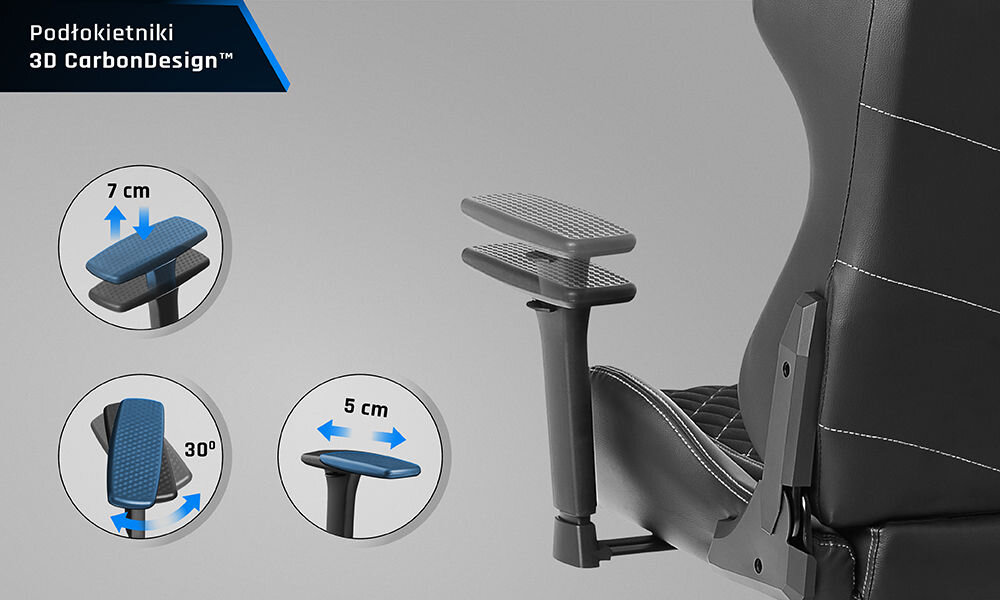 Fotel GAMVIS Phantom Large Czarny (białe elementy) zbliżenie na podłokietnik pokazanie jego możliwej regulacji na szarym tle dostosowanie do indywidualnych potrzeb regulacja w trzech płaszczyznach wygodny pad CarbonDesign™ redukcja napięcia poprawia wygodę