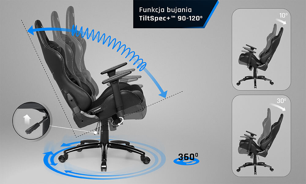 Fotel GAMVIS Phantom Large Czarny (białe elementy) prezentacja możliwego zakresu bujania fotela na szarym tle stabilna konstrukcja przyjemne w dotyku materiały TiltSpec+ odchylenie siedziska wsparcie naturalnego ruchu ciała poprawa wygody bez uczucia zmęczenia