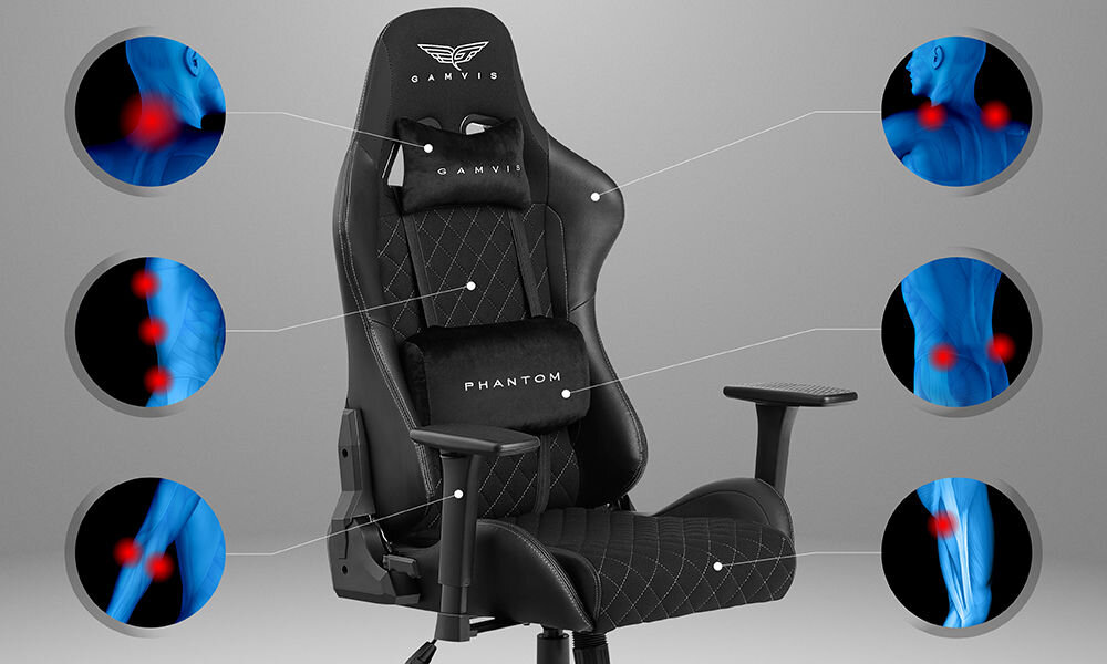 Fotel GAMVIS Phantom Large Czarny (białe elementy) prezentacja fotela na szarym tle i pokazanie miejsc na które fotel działa odciążająco ergonomiczne właściwości profilowane oparcie i siedzisko poduszki pod głowę i odcinek lędźwiowy wspomaganie prawidłowej postawy komfort