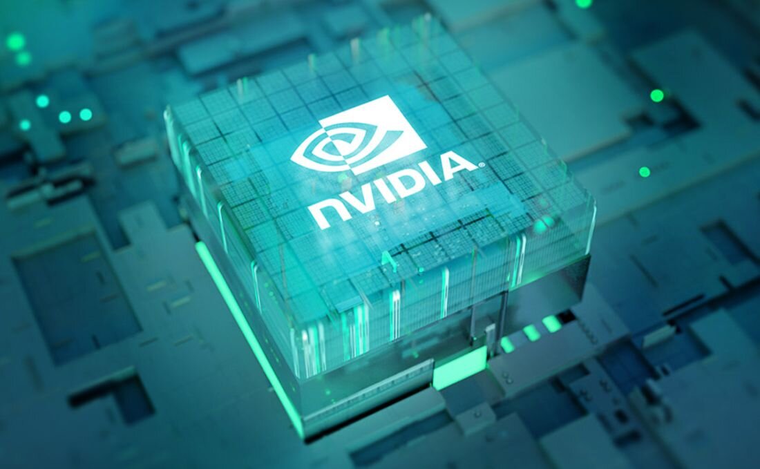 Procesor graficzny NVIDIA GeForce RTX w postaci przezroczystego sześcianu na płycie głównej z zielonymi efektami świetlnymi, wizualizacja zaawansowanej technologii graficznej w laptopach GIGABYTE. - NVIDIA GeForce RTX, NVIDIA Blackwell, NVIDIA DLSS 4