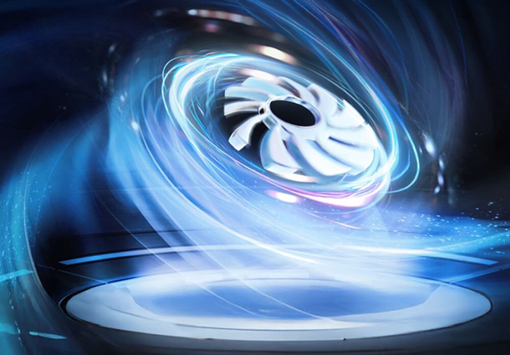 Zaawansowany system chłodzenia WINDFORCE w laptopie gamingowym GIGABYTE A18 – wentylator z niebieskimi efektami świetlnymi symbolizującymi potężny przepływ powietrza, wizualizacja technologii chłodzenia dla maksymalnej wydajności. - technologia chłodzenia WINDFORCE