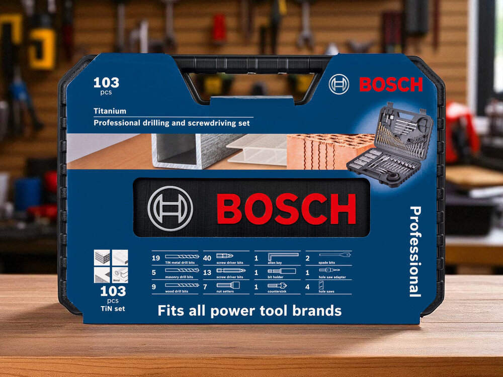 Profesjonalny zestaw wierteł i bitów Bosch 103 sztuki, walizka z akcesoriami do metalu, drewna i muru