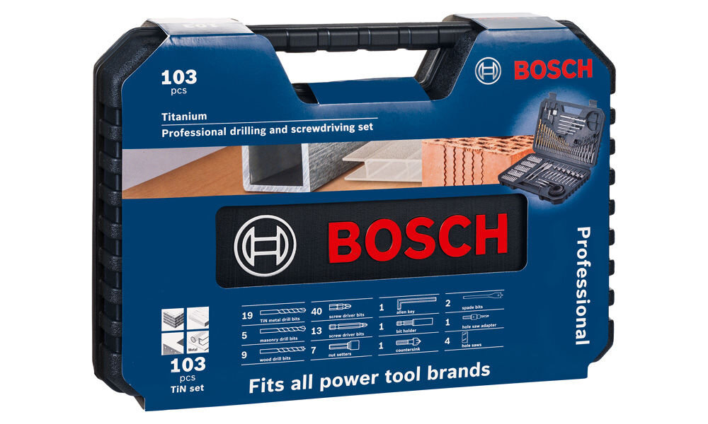 Bosch V-Line zestaw 103 sztuki, wiertła do metalu z powłoką tytanową, wiertła do drewna i muru
